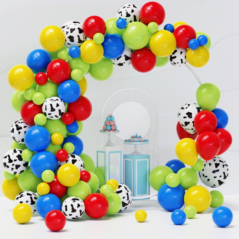 YMSZ Toy Inspired Story Balloons Arch Kit, 120pcs Red Blue Yellow Balloons with Cow Print Balloons for Boys Girls Inspired Story Party Themed Birthday Party Decorations - Image 1